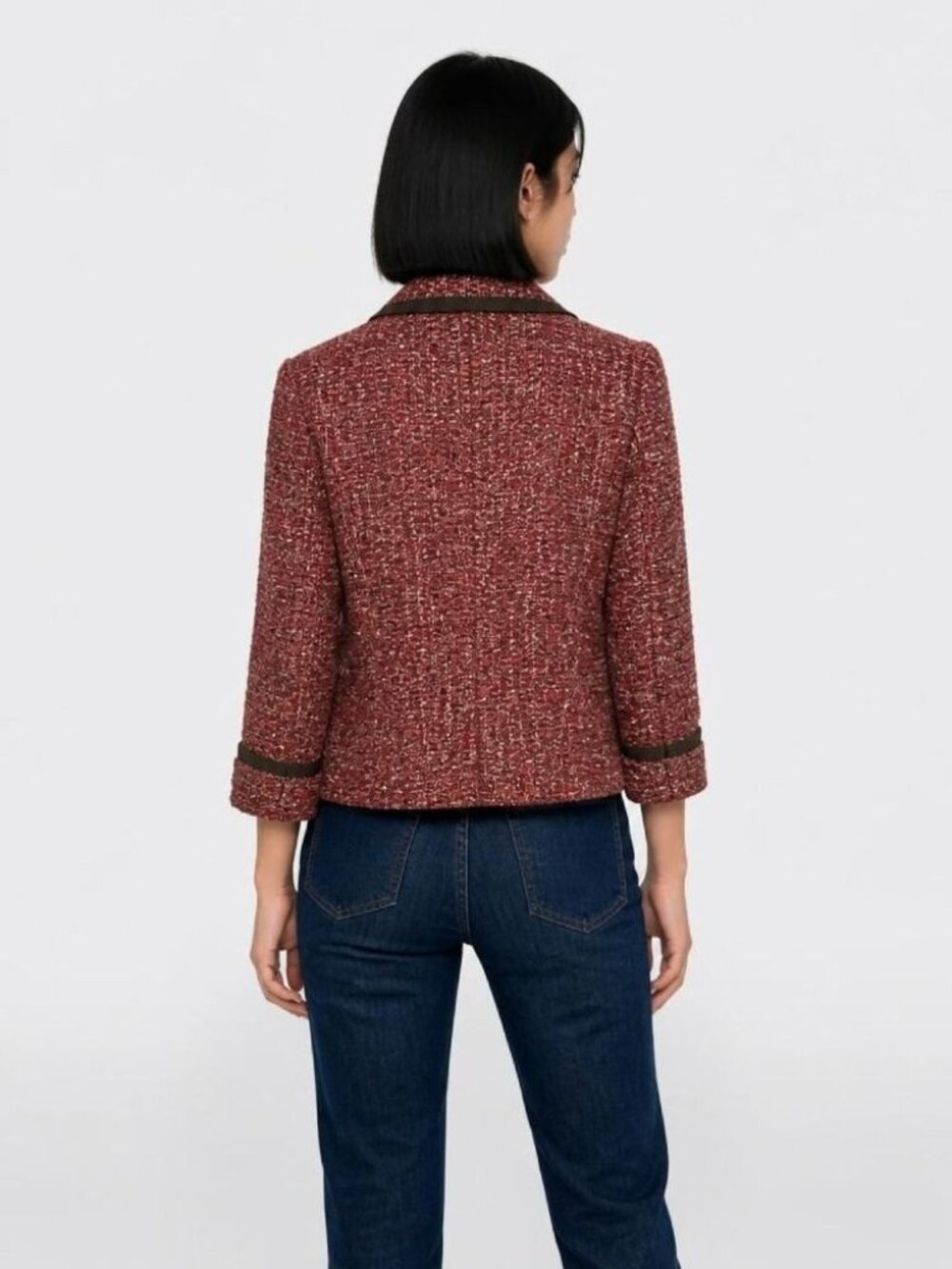 Talbots Women's Burgundy Tweed Jacket With Brown Trim Button Front 3/4 Sleeves - Picture 4 of 6